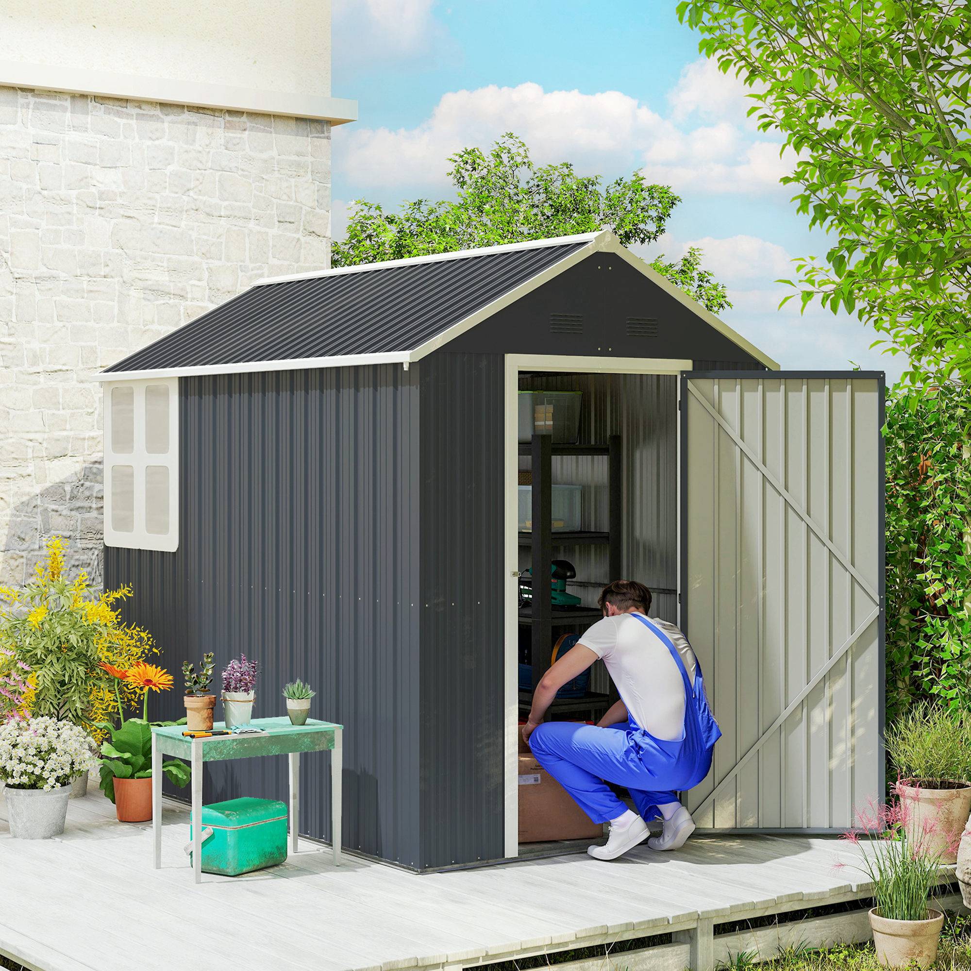 Abri de jardin métal double porte fenêtre 259x172x222 cm gris blanc cabanon jardin grand stockage outils extérieur - Image 3