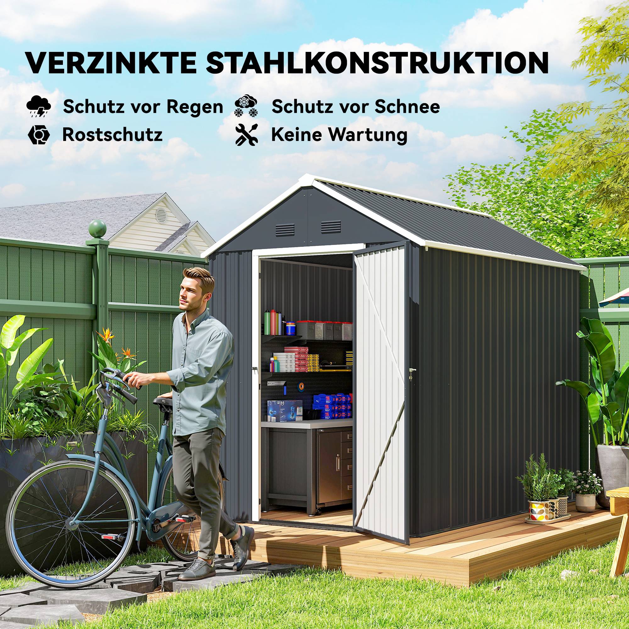 Abri de jardin métal double porte fenêtre 259x172x222 cm gris blanc cabanon jardin grand stockage outils extérieur - Image 6