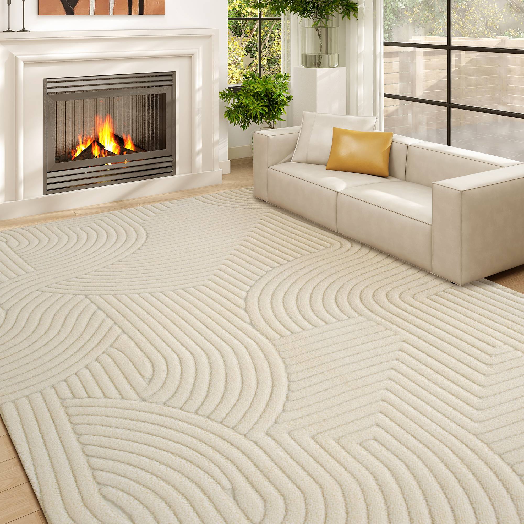 Sans Marque - Tapis salon 160x120 cm poils courts style moderne envers antidérapant tissé machine crème - Image 3