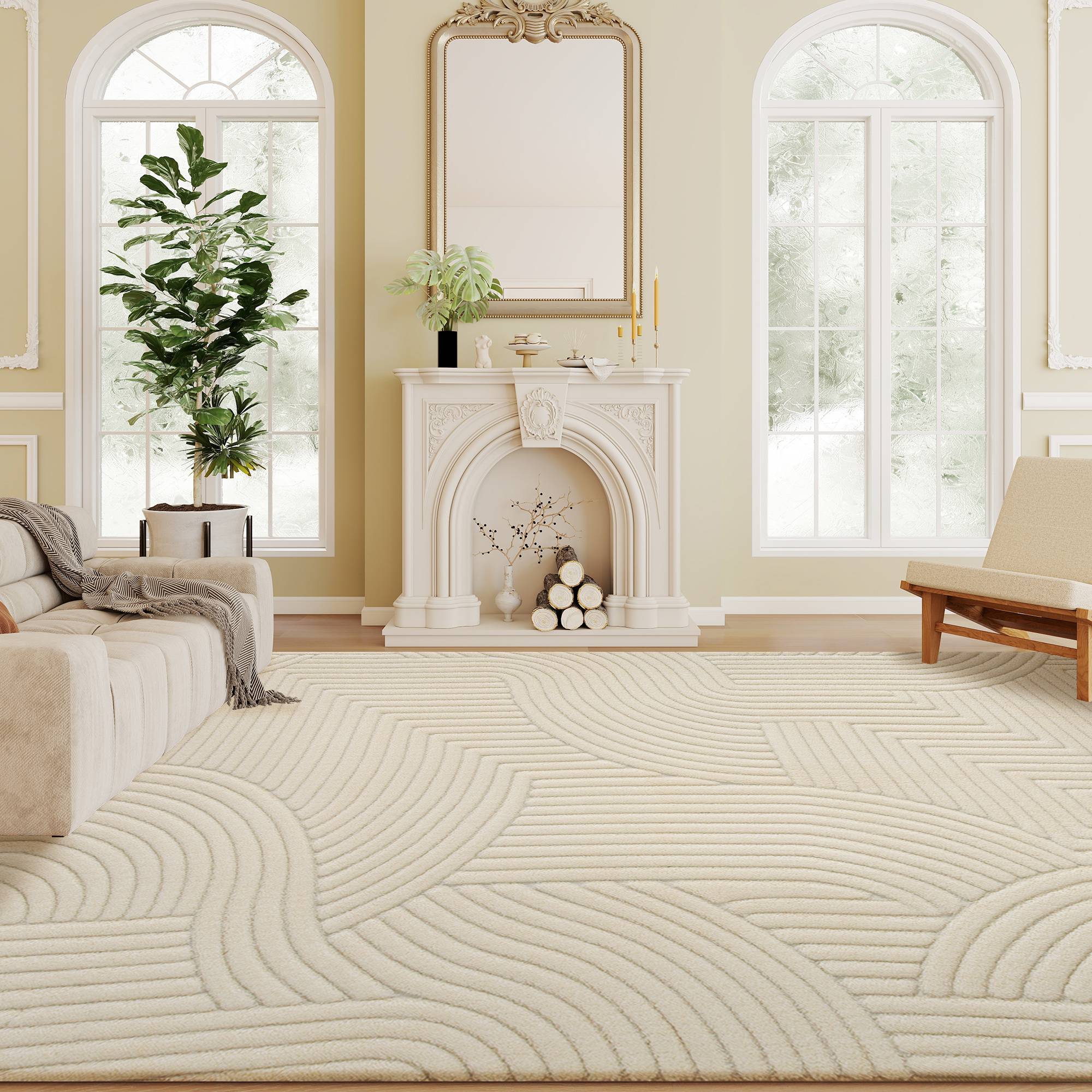 Sans Marque - Tapis salon 160x120 cm poils courts style moderne envers antidérapant tissé machine crème - Image 2