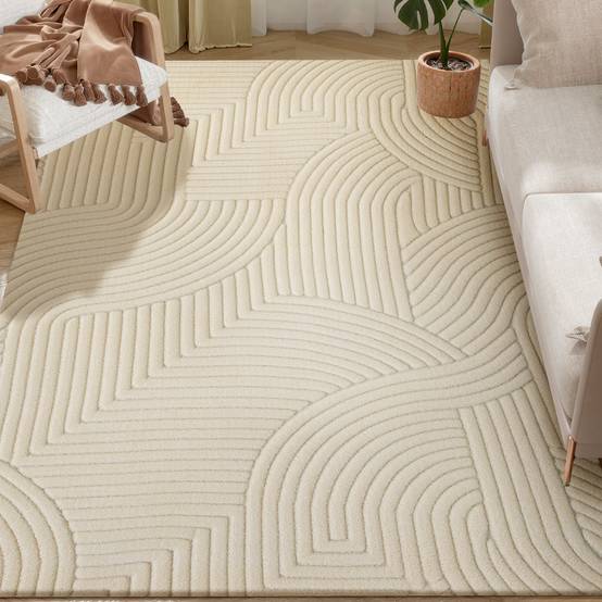 Sans Marque - Tapis salon 160x120 cm poils courts style moderne envers antidérapant tissé machine crème - Image 1