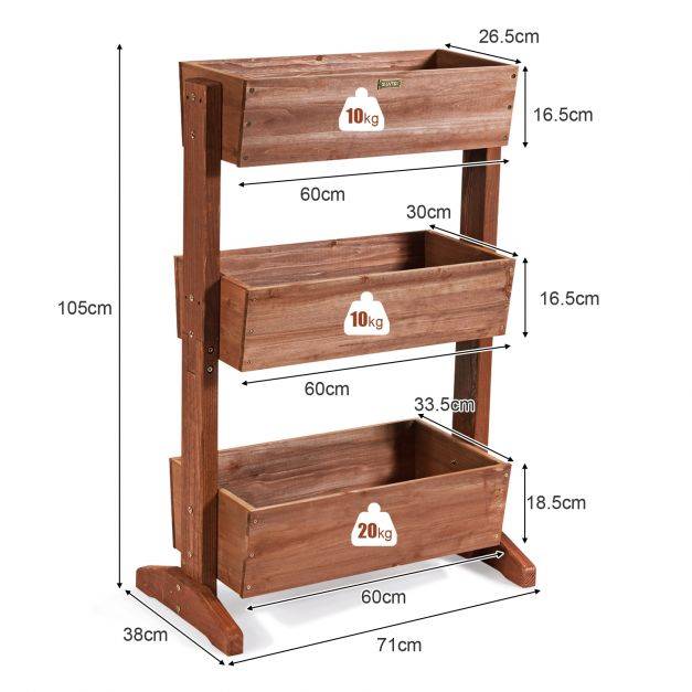 Étagères à plantes en bois à 3 niveau amovibles hauteur et inclinaison ajustable multifonctions intérieur/extérieur 105 cm brun - Image 4