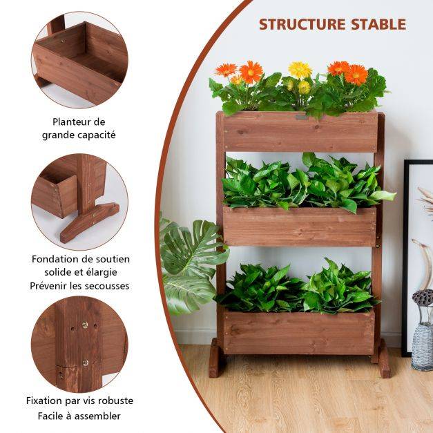 Étagères à plantes en bois à 3 niveau amovibles hauteur et inclinaison ajustable multifonctions intérieur/extérieur 105 cm brun - Image 3