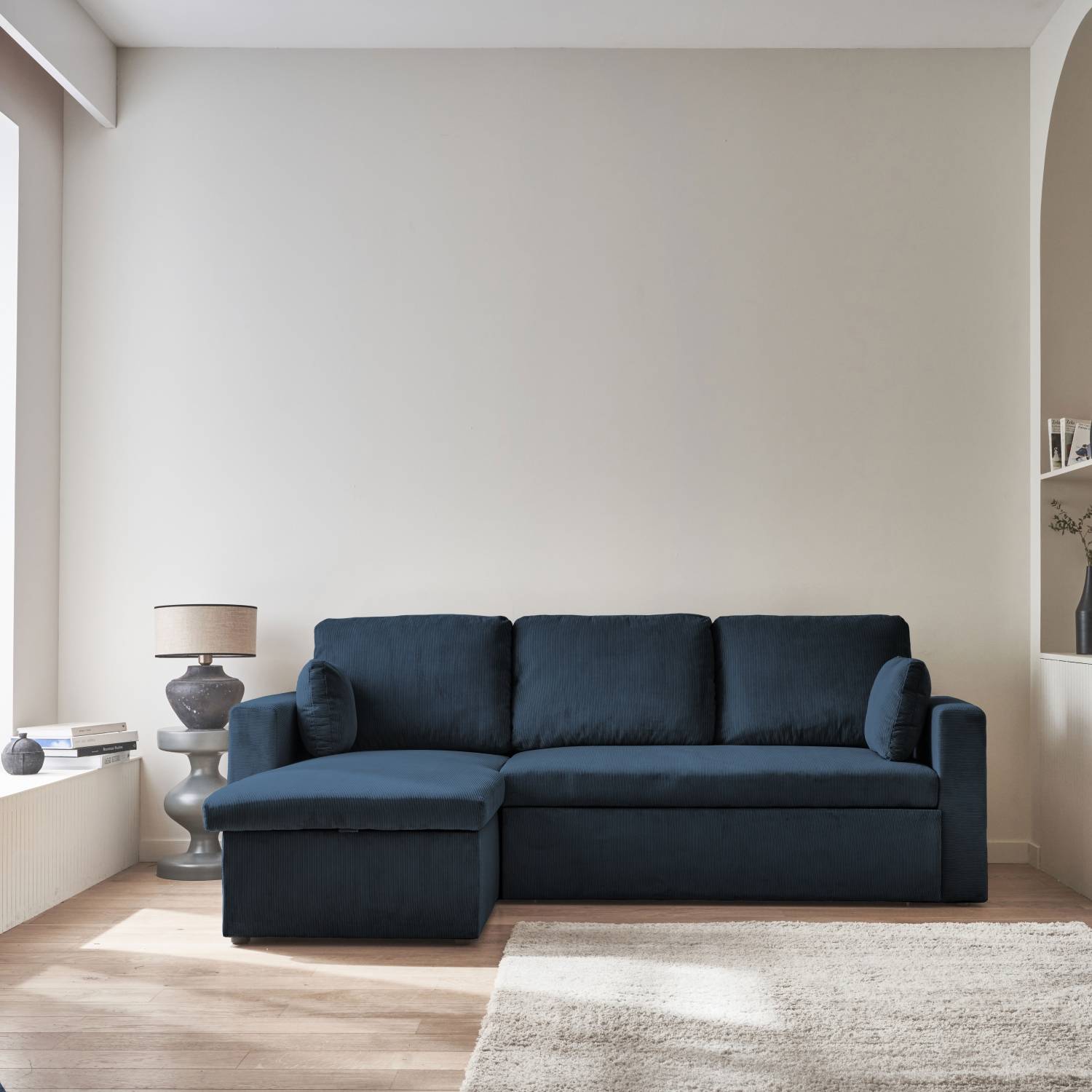 Canapé d'angle convertible en velours côtelé bleu - IDA - 3 places. fauteuil d'angle réversible coffre rangement lit modulable  | sweeek - Image 1