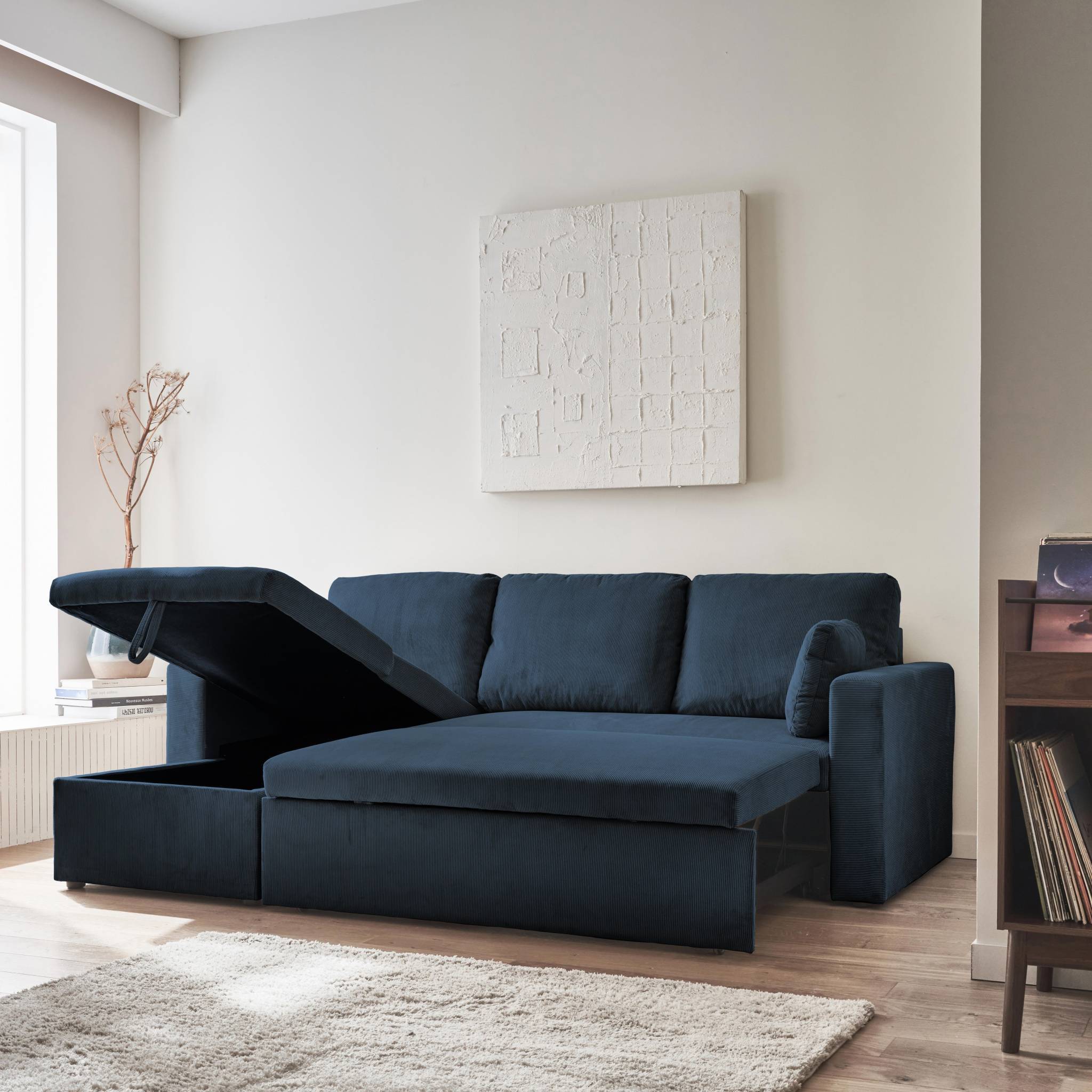 Canapé d'angle convertible en velours côtelé bleu - IDA - 3 places. fauteuil d'angle réversible coffre rangement lit modulable  | sweeek - Image 5