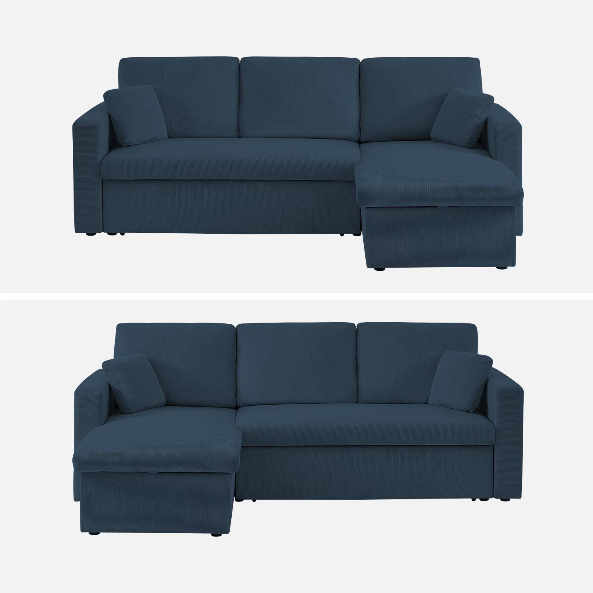 Canapé d'angle convertible en velours côtelé bleu - IDA - 3 places. fauteuil d'angle réversible coffre rangement lit modulable  | sweeek - Image 6