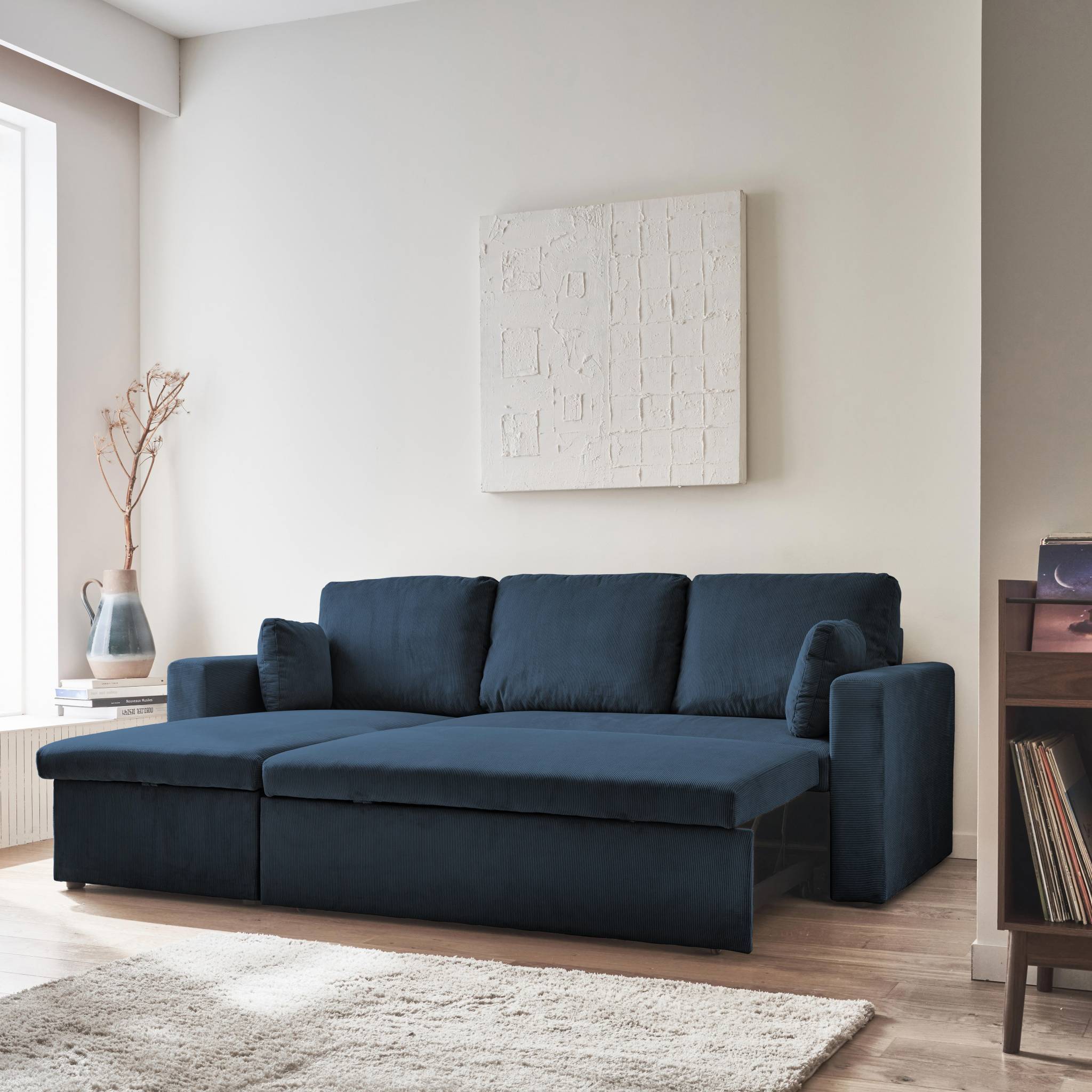 Canapé d'angle convertible en velours côtelé bleu - IDA - 3 places. fauteuil d'angle réversible coffre rangement lit modulable  | sweeek - Image 3