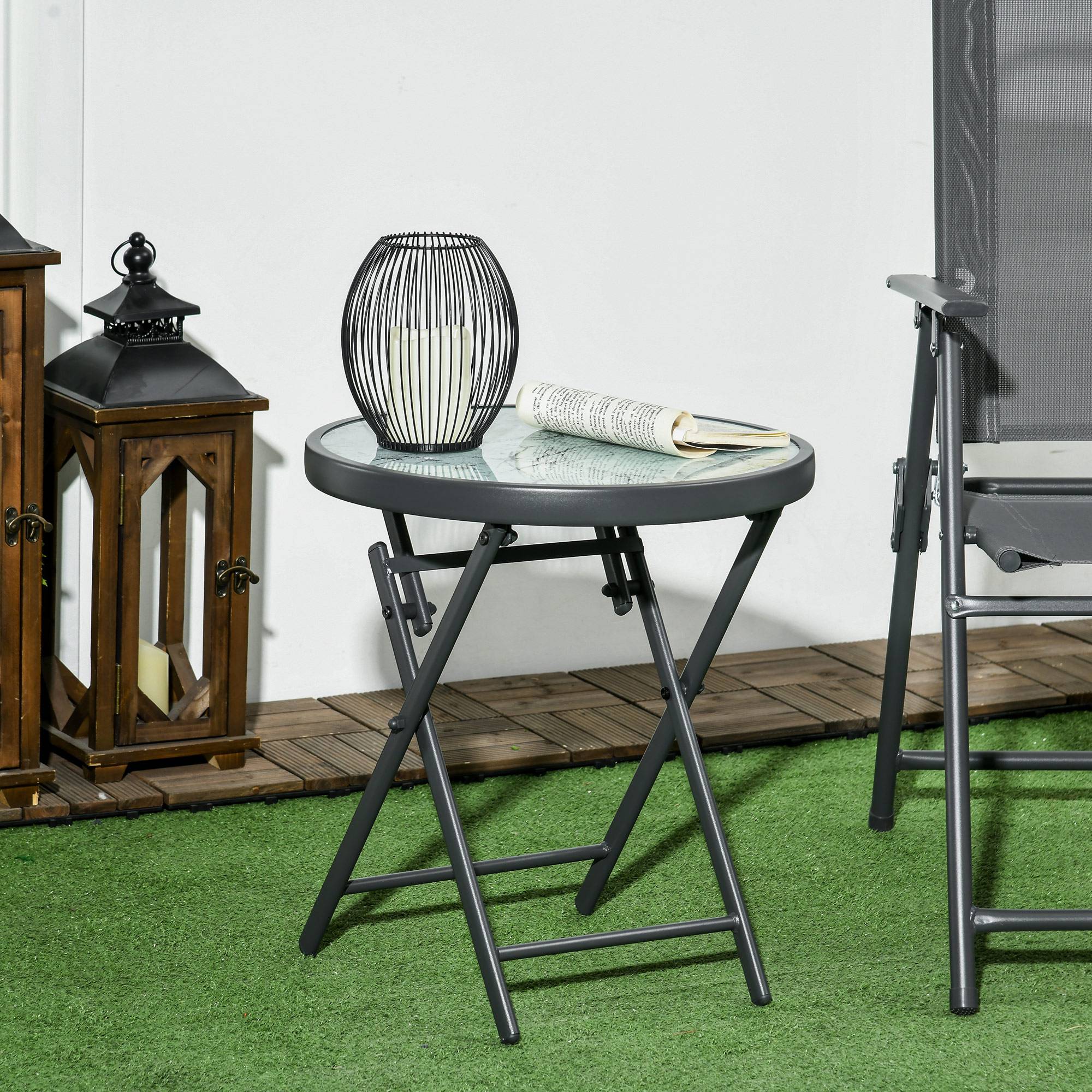 Sans Marque - Table basse pliante appoint effet marbre verre trempé métal ronde Ø45x50 cm blanc - Image 3