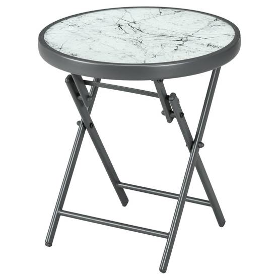 Sans Marque - Table basse pliante appoint effet marbre verre trempé métal ronde Ø45x50 cm blanc - Image 2