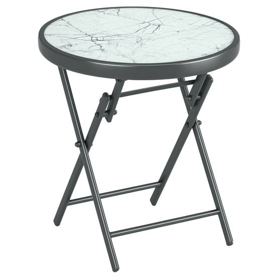 Sans Marque - Table basse pliante appoint effet marbre verre trempé métal ronde Ø45x50 cm blanc - Image 1
