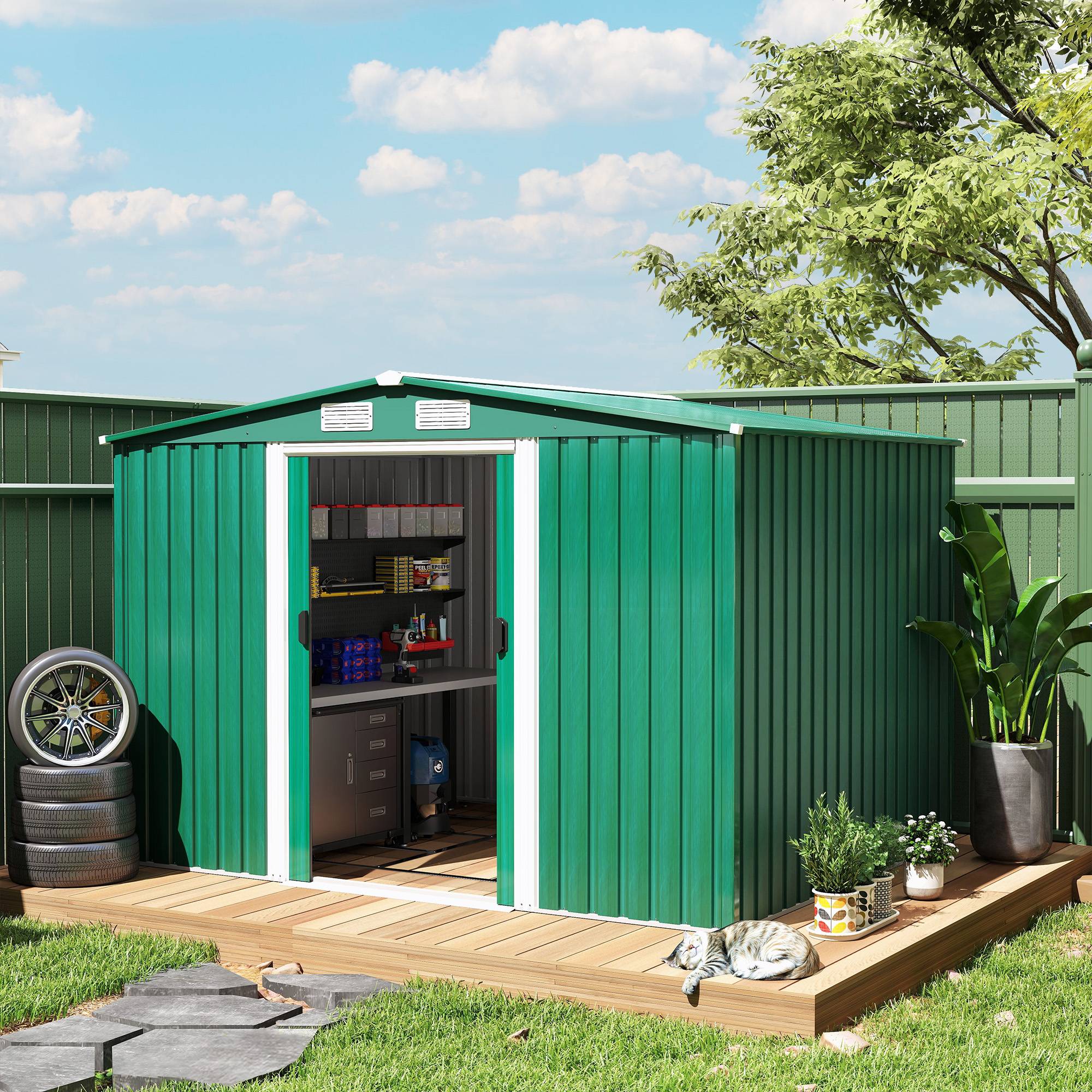 Abri de jardin métallique vert, 258 x 206 x 178 cm, 5,3 m², avec portes coulissantes et ventilation, idéal pour le rangement d'outils. - Image 4