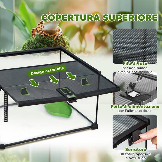 Terrarium pour reptiles surélevé avec serrure et thermomètre, verre et grillage, 50x30x25 cm, noir - Image 7