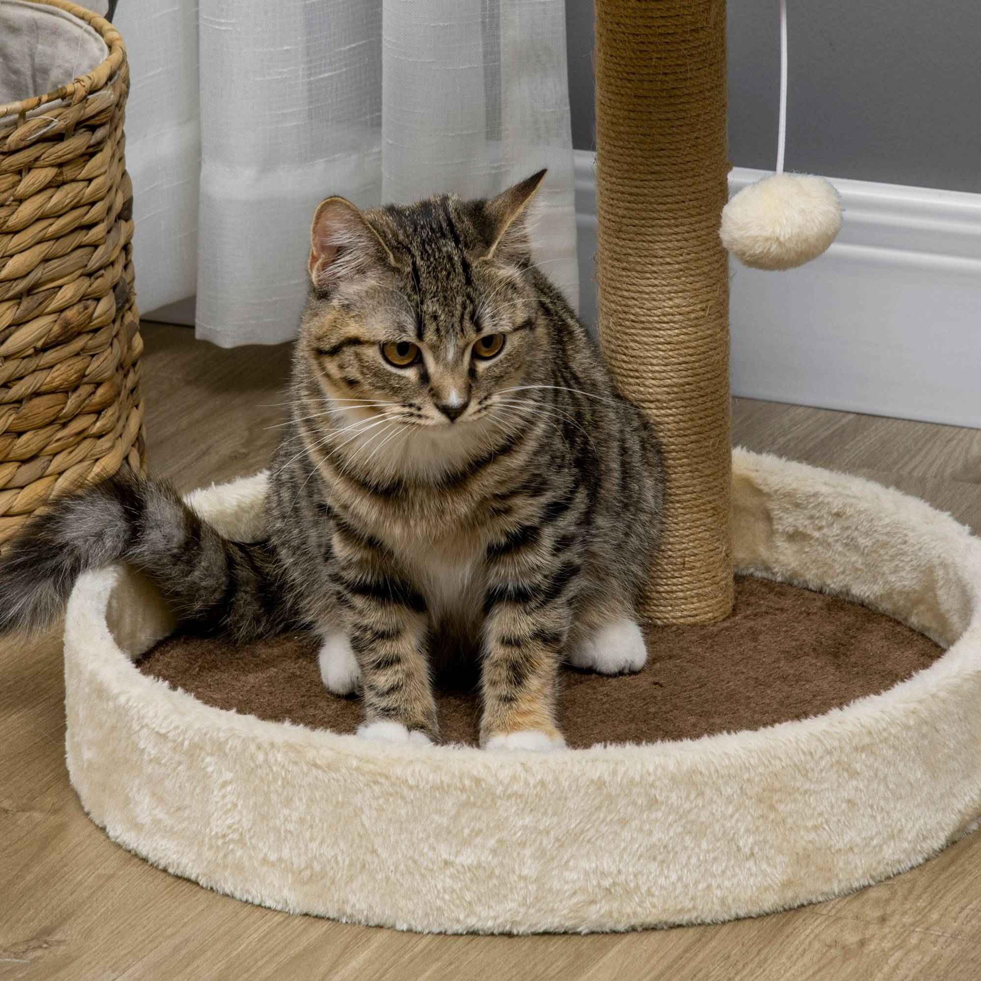 Pawhut - Arbre à chat griffoir design patte de chat jeu boule suspendue panier plateforme observation peluche beige marron jute naturelle - Imagen 9