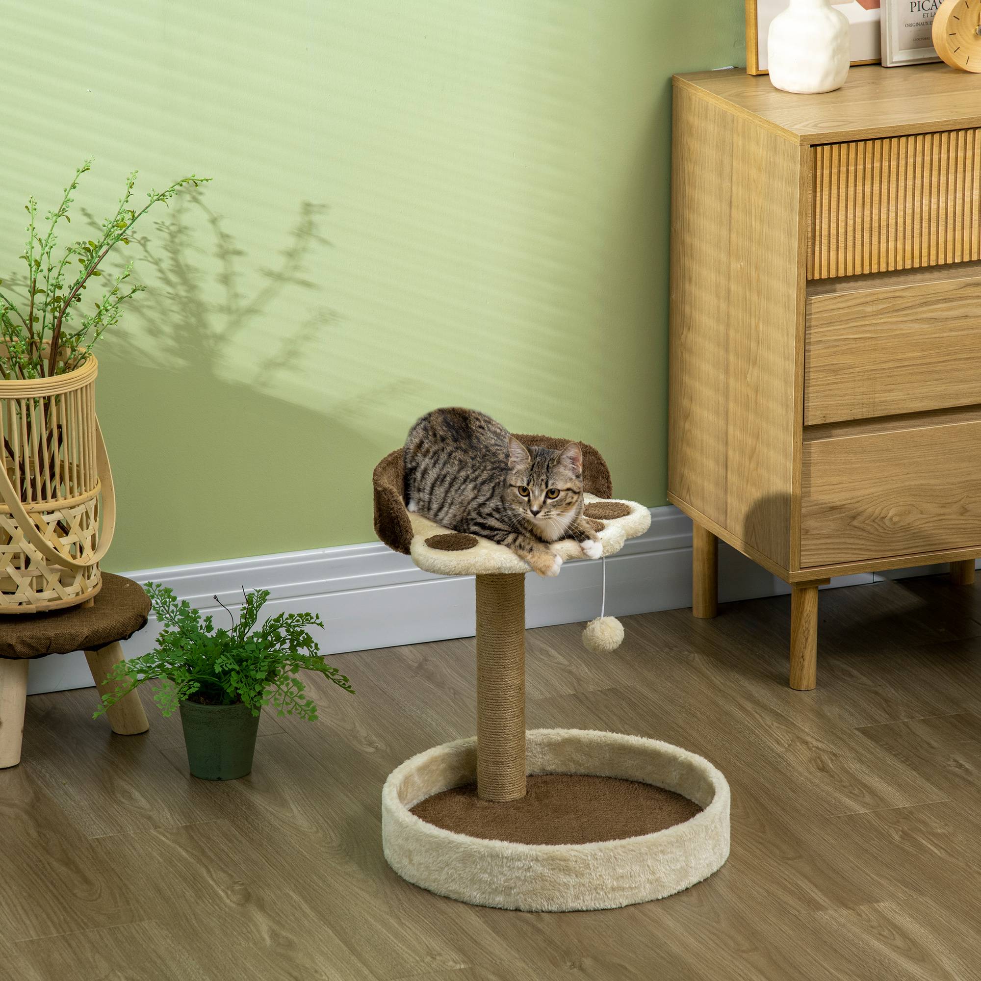 Pawhut - Arbre à chat griffoir design patte de chat jeu boule suspendue panier plateforme observation peluche beige marron jute naturelle - Imagen 4