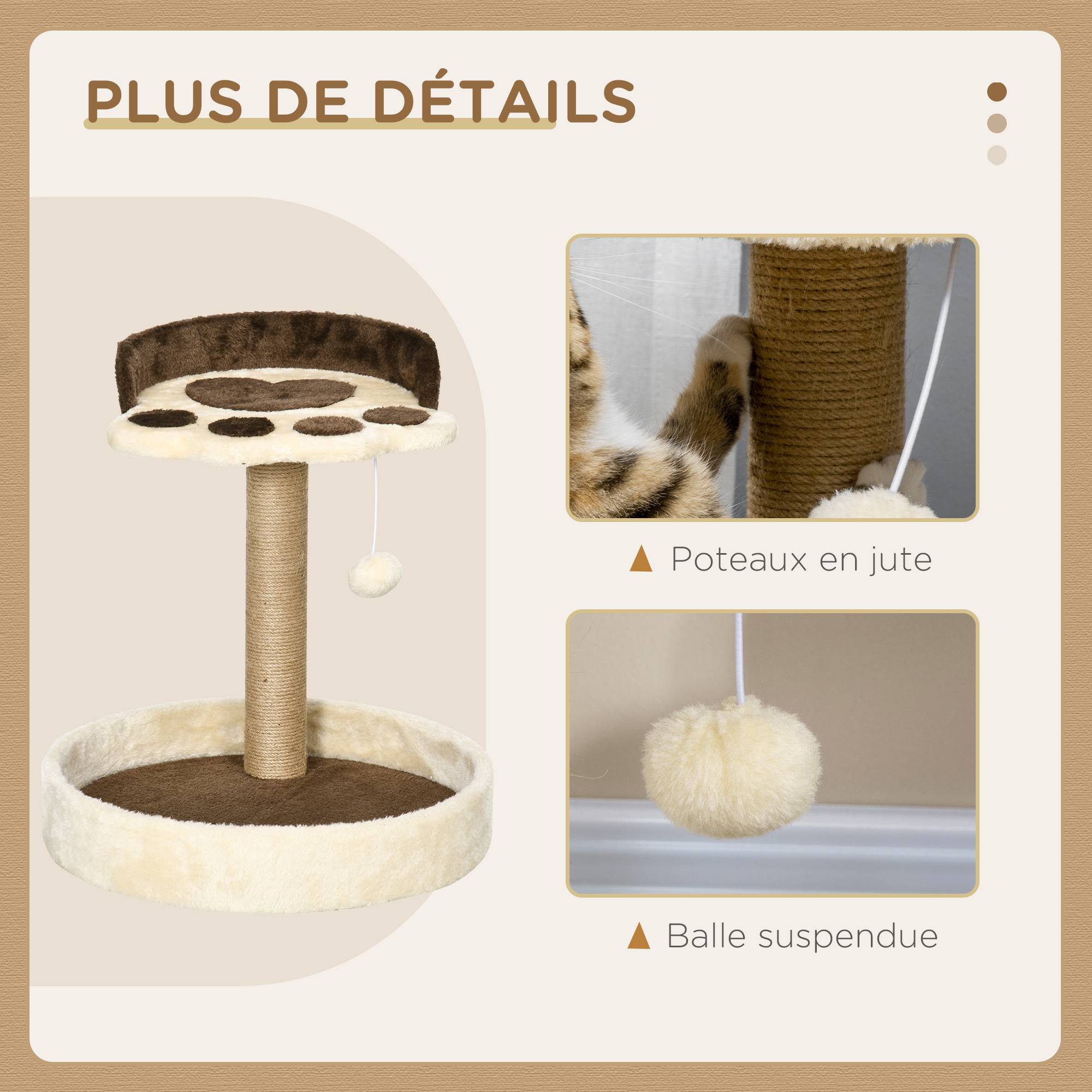Pawhut - Arbre à chat griffoir design patte de chat jeu boule suspendue panier plateforme observation peluche beige marron jute naturelle - Imagen 6