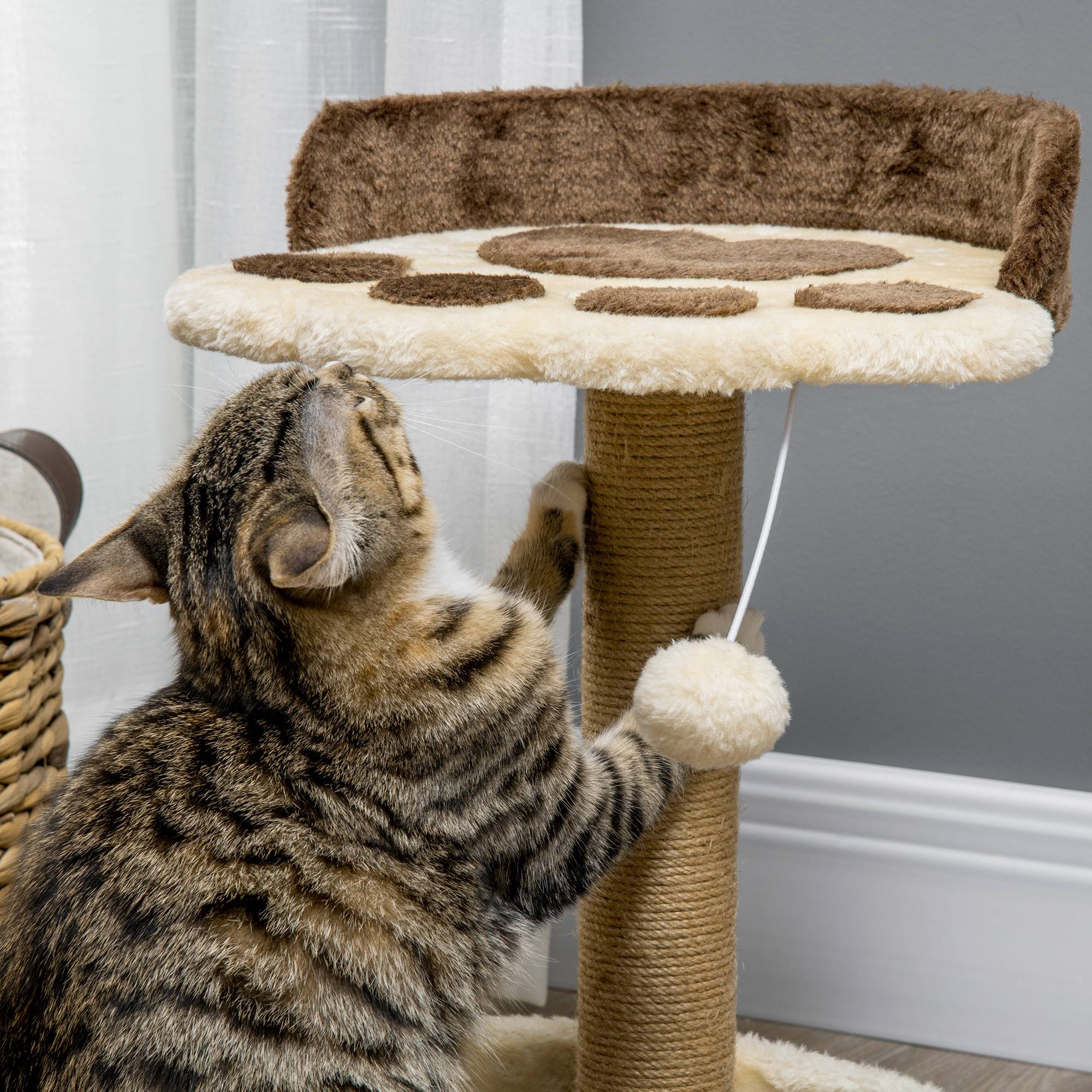 Pawhut - Arbre à chat griffoir design patte de chat jeu boule suspendue panier plateforme observation peluche beige marron jute naturelle - Imagen 8