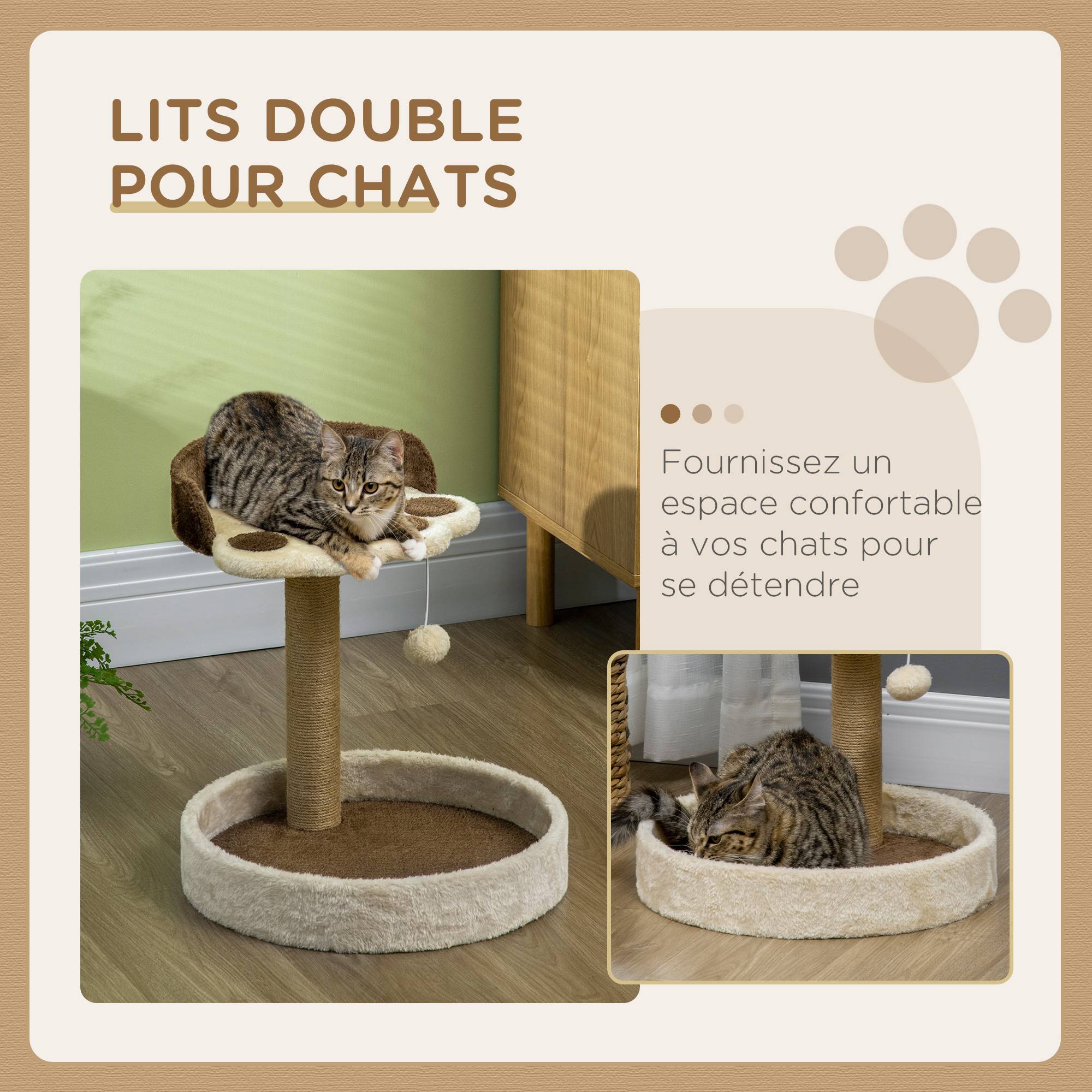 Pawhut - Arbre à chat griffoir design patte de chat jeu boule suspendue panier plateforme observation peluche beige marron jute naturelle - Imagen 5