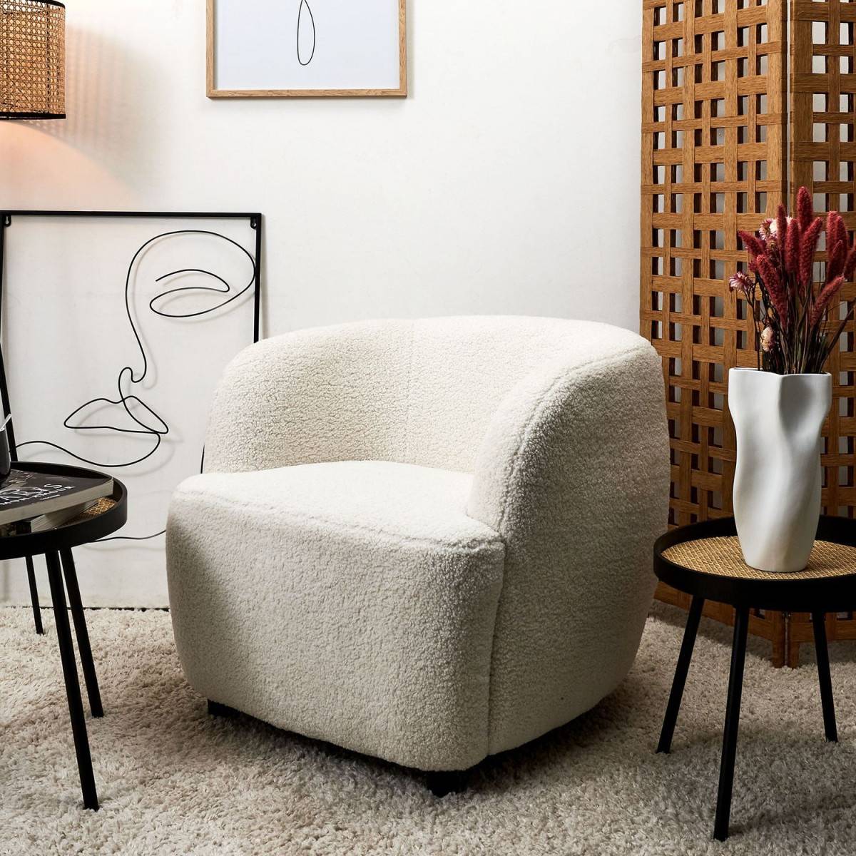 The Home Deco Factory - Fauteuil Design Bouclette "Shirley" 77cm Blanc - Image 6