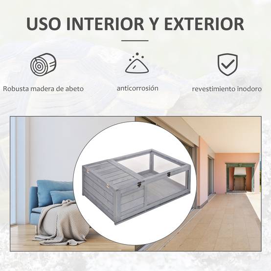 Maison en bois pour tortues avec toit en filet et panneaux latéraux transparents amovibles 91 x 60,5 x 32 cm Gris - Image 6