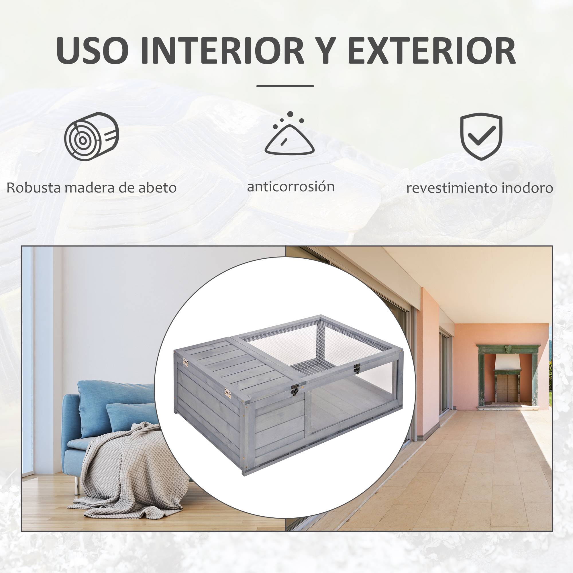 Maison en bois pour tortues avec toit en filet et panneaux latéraux transparents amovibles 91 x 60,5 x 32 cm Gris - Image 6