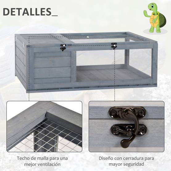 Maison en bois pour tortues avec toit en filet et panneaux latéraux transparents amovibles 91 x 60,5 x 32 cm Gris - Image 8