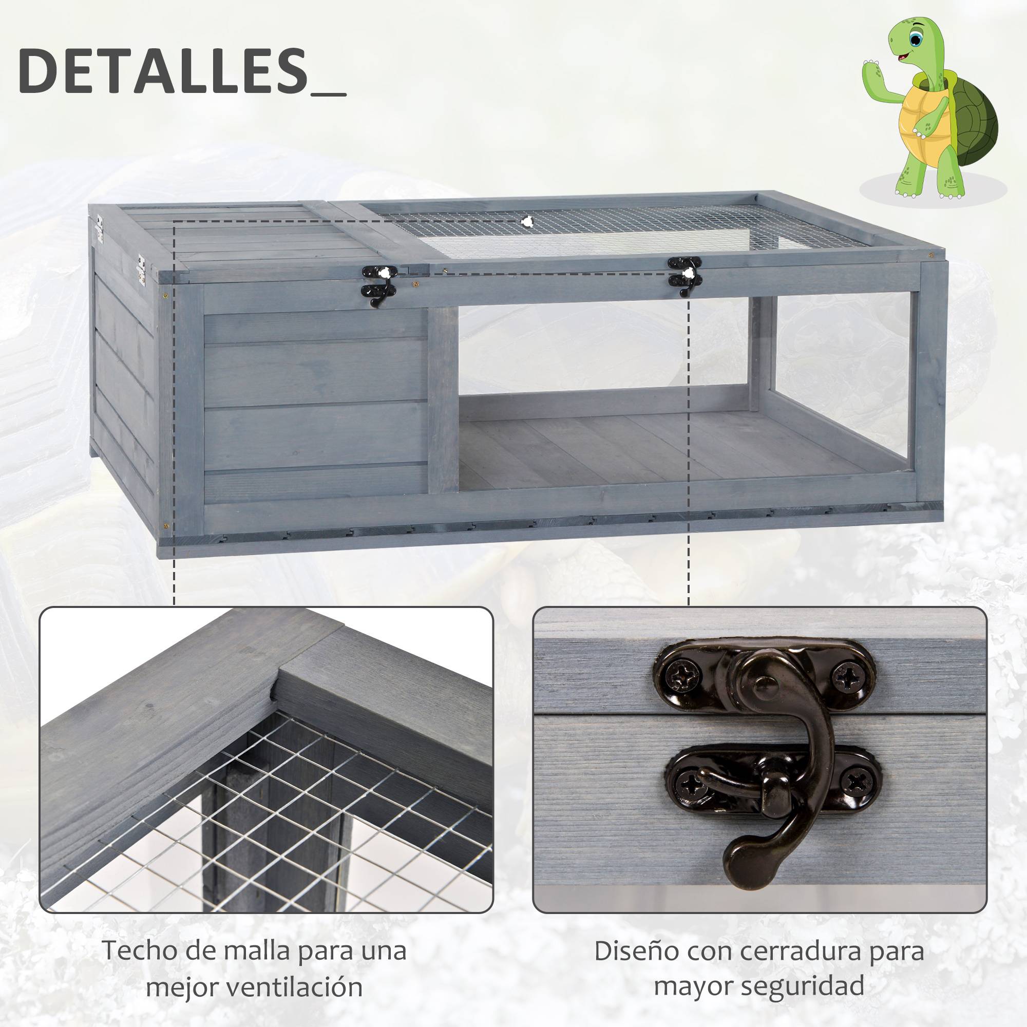 Maison en bois pour tortues avec toit en filet et panneaux latéraux transparents amovibles 91 x 60,5 x 32 cm Gris - Image 8