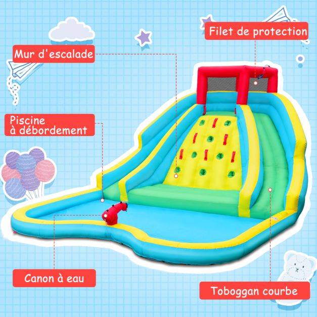 Helloshop26 - Toboggan aquatique gonflable 5 en 1 avec pataugeoire aire de jeux gonflable en oxford avec mur d'escalade charge 150 kg pour 3-10 ans - Imagen 8