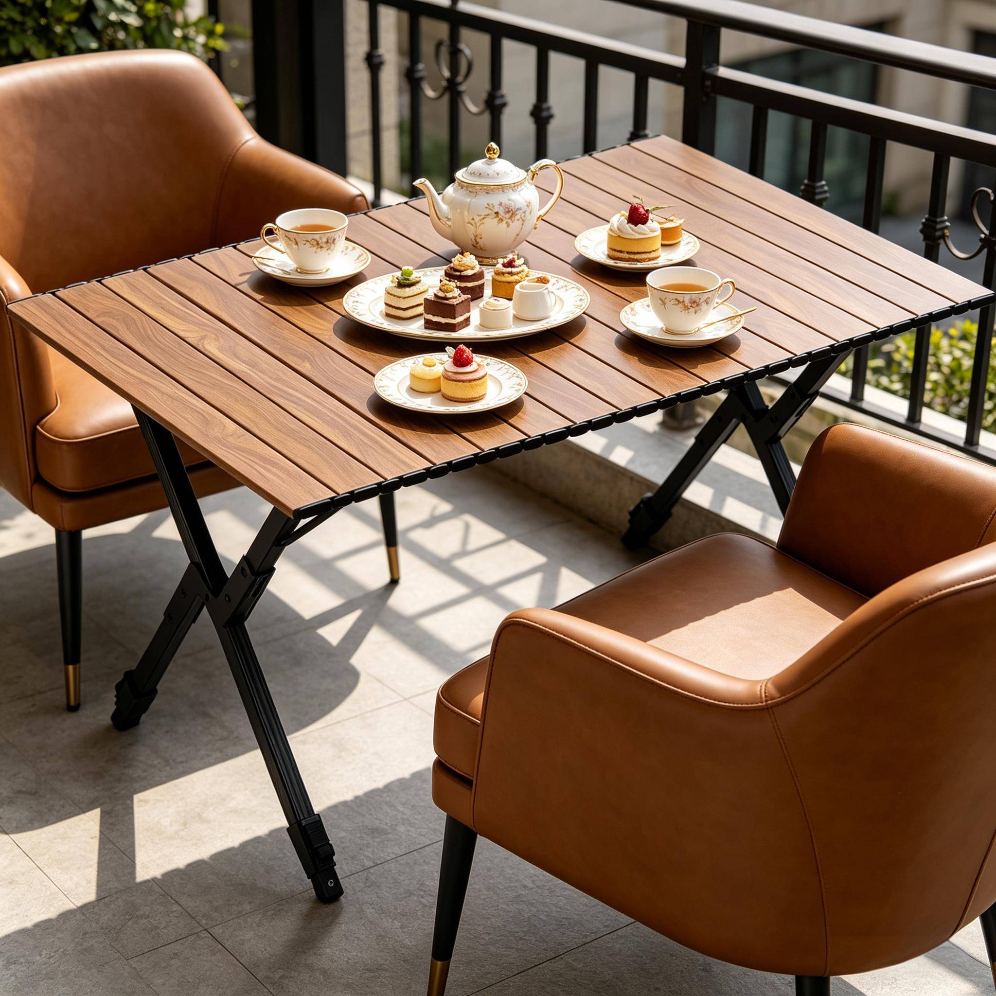 Table de camping pliante Aluminium Jardin Pique-nique Hauteur réglable 92x60cm Bois - ComfortXL Outdoor Living - Image 4