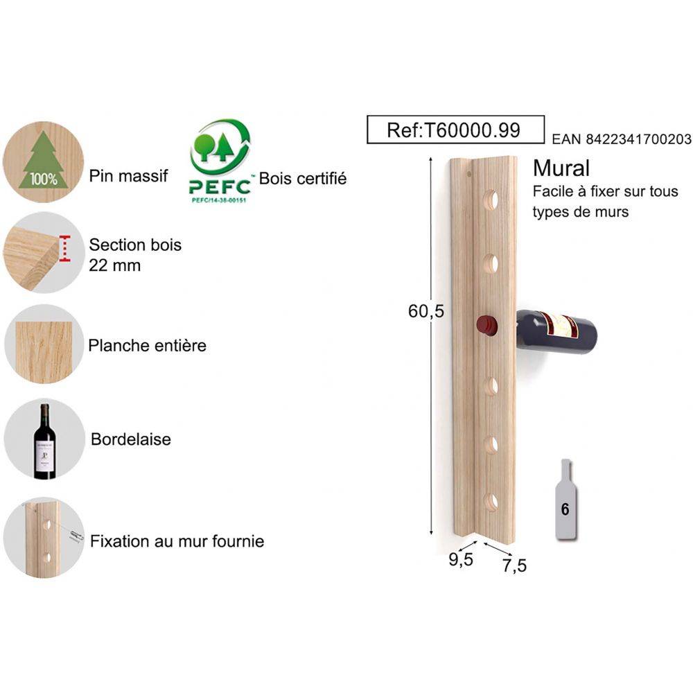 Support bouteilles mural en bois 6 bouteilles - Imagen 3