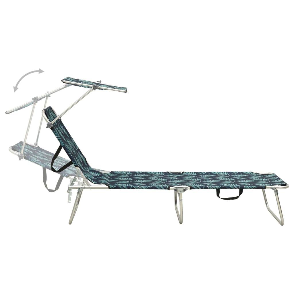 Chaise longue | Transat | Bain de soleil pliable avec auvent acier motif de feuilles - Image 3