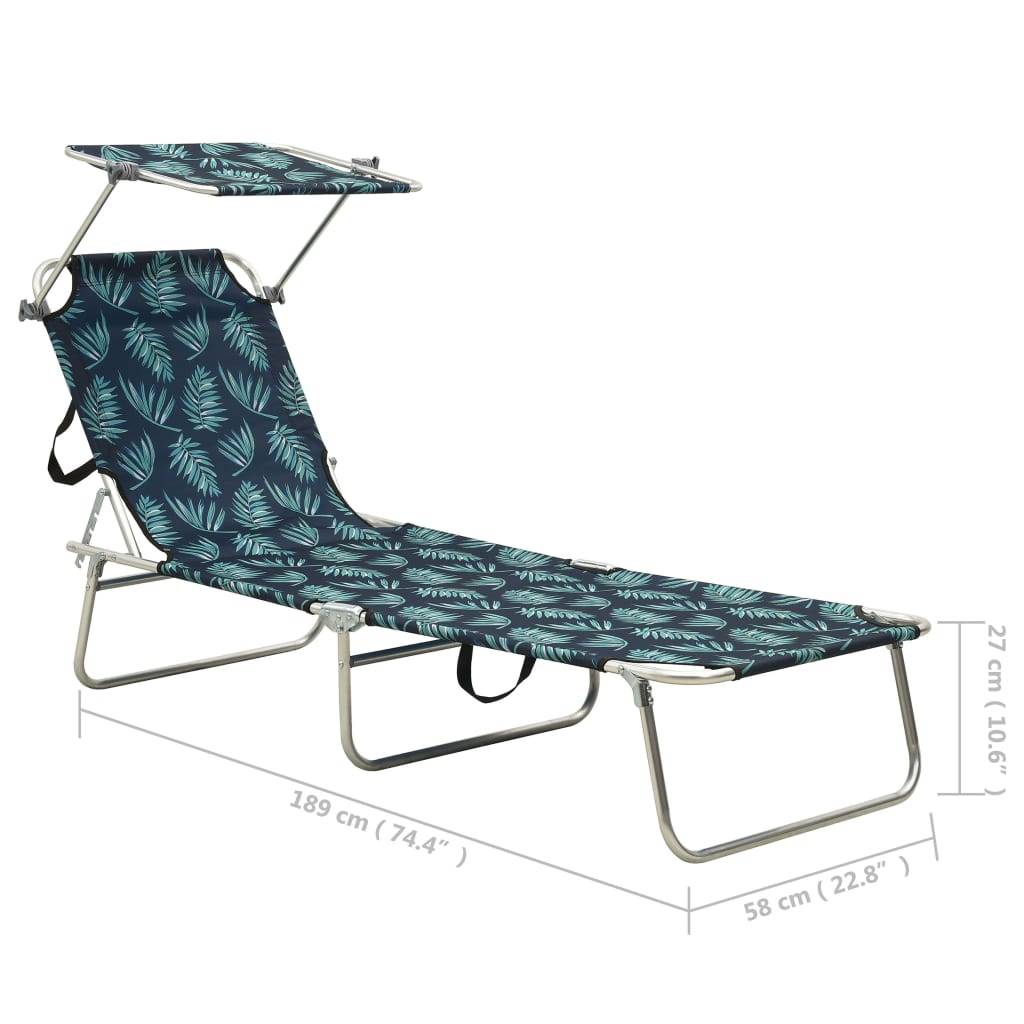 Chaise longue | Transat | Bain de soleil pliable avec auvent acier motif de feuilles - Image 8