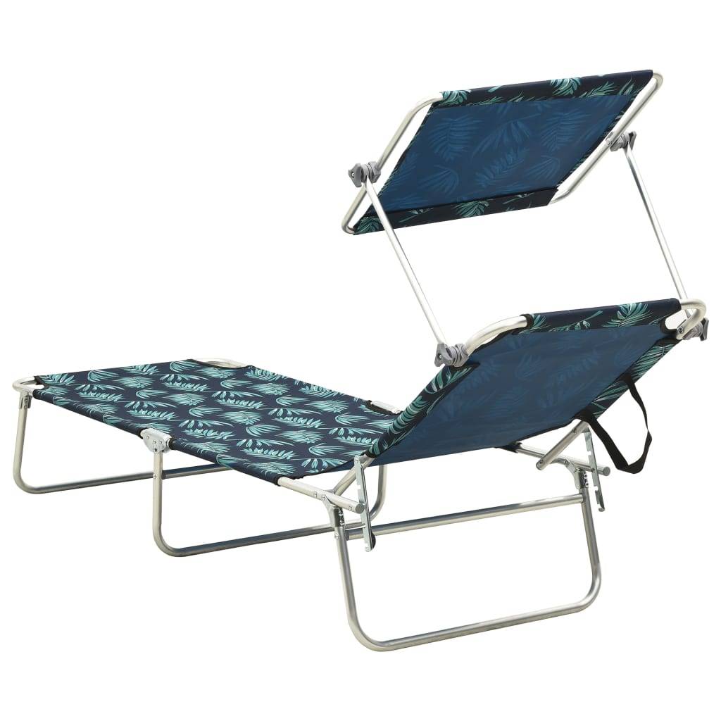 Chaise longue | Transat | Bain de soleil pliable avec auvent acier motif de feuilles - Image 4