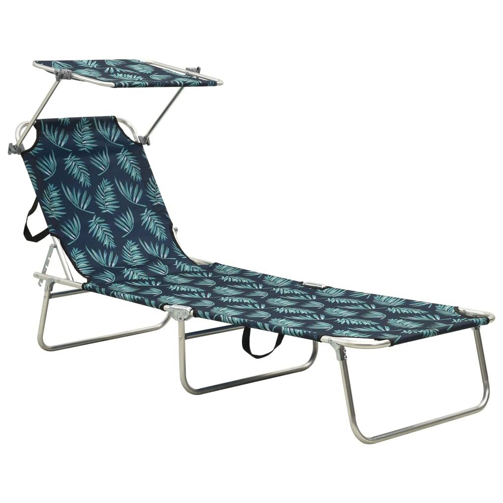 Chaise longue | Transat | Bain de soleil pliable avec auvent acier motif de feuilles - Image 2