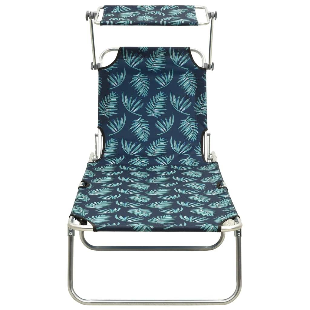 Chaise longue | Transat | Bain de soleil pliable avec auvent acier motif de feuilles - Image 1