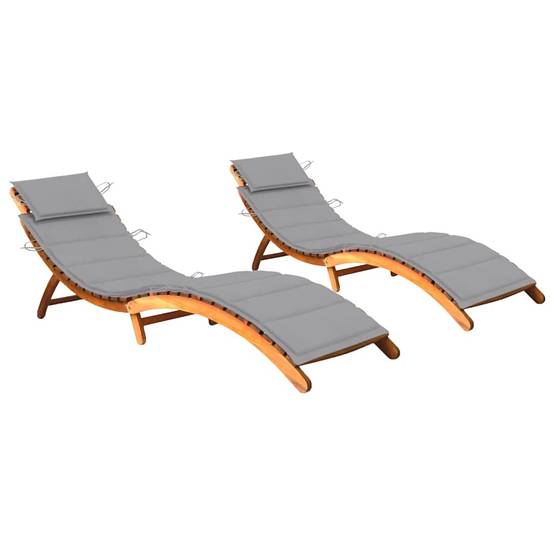 Lot 2 Chaises Longues Pliables Bois Acacia Terrasse Coussins Gris - ComfortXL Outdoor Living - Image 1