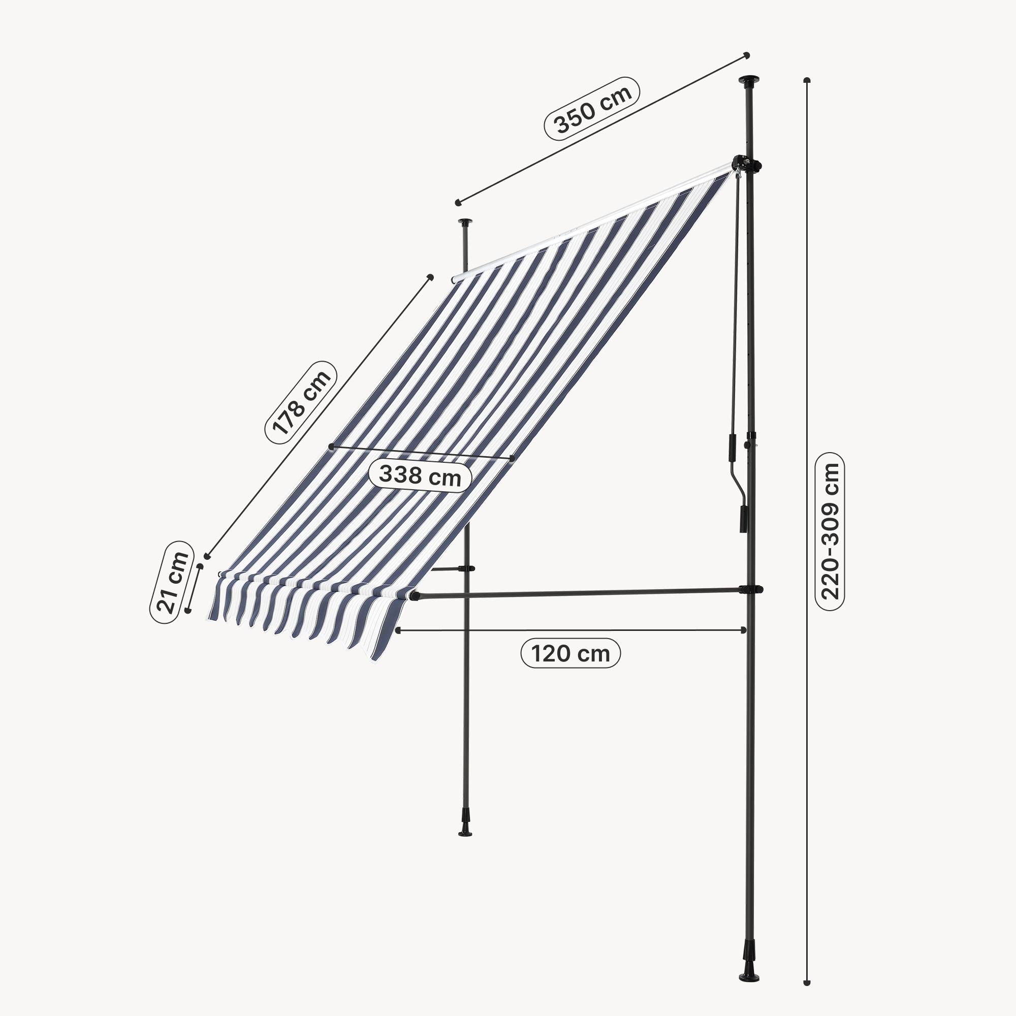 Pro.Tec - Store Banne Téléscopique Acier Polyester 350 x 120 x 220-309 cm Bleu Foncé Blanc [pro.tec] - Imagen 3