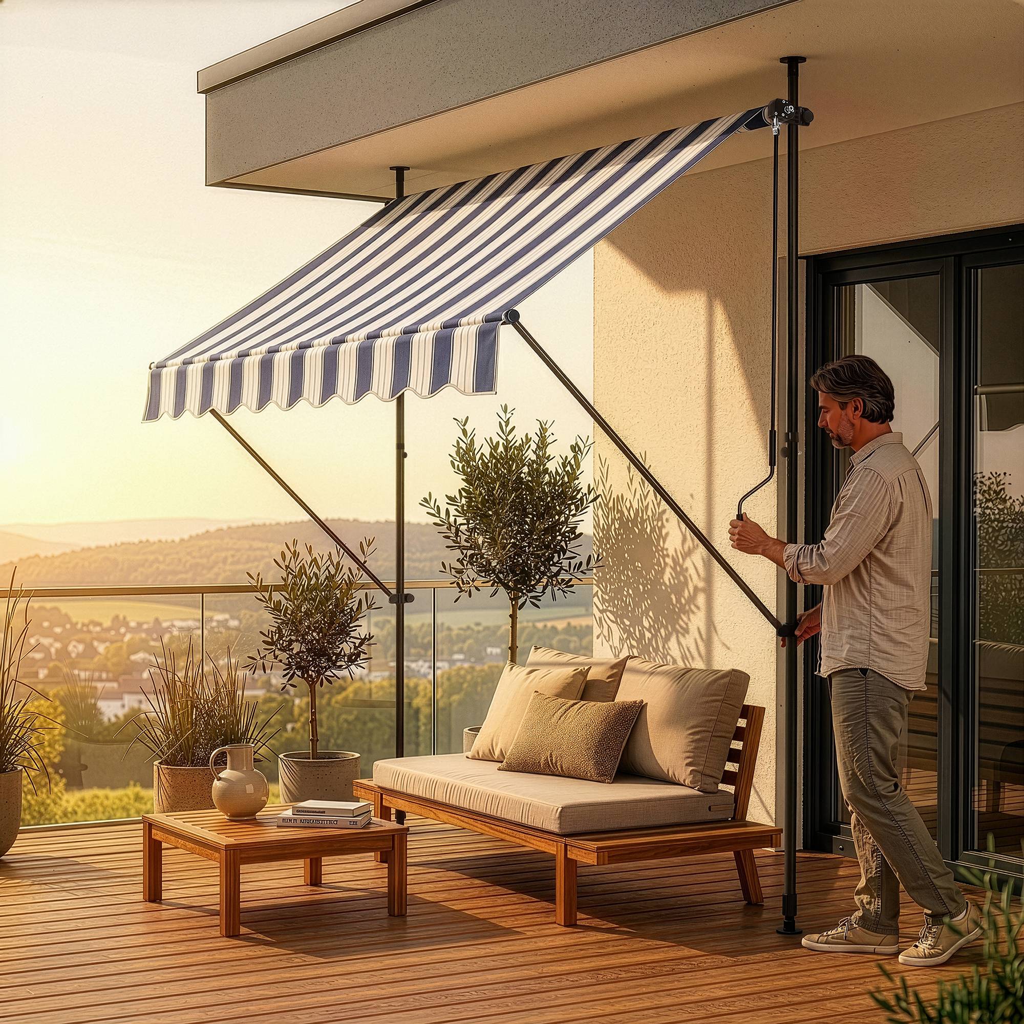 Pro.Tec - Store Banne Téléscopique Acier Polyester 350 x 120 x 220-309 cm Bleu Foncé Blanc [pro.tec] - Imagen 4