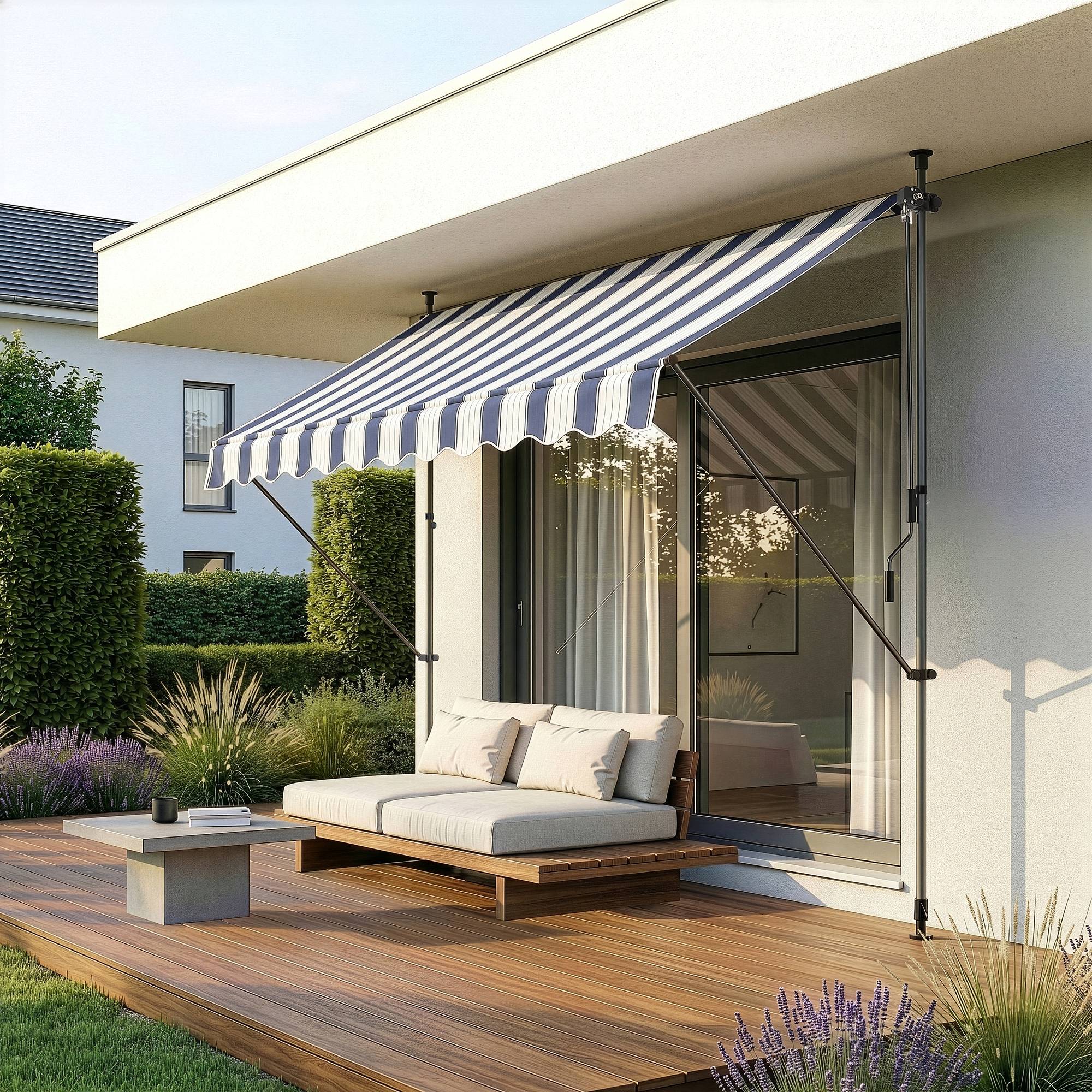Pro.Tec - Store Banne Téléscopique Acier Polyester 350 x 120 x 220-309 cm Bleu Foncé Blanc [pro.tec] - Imagen 6