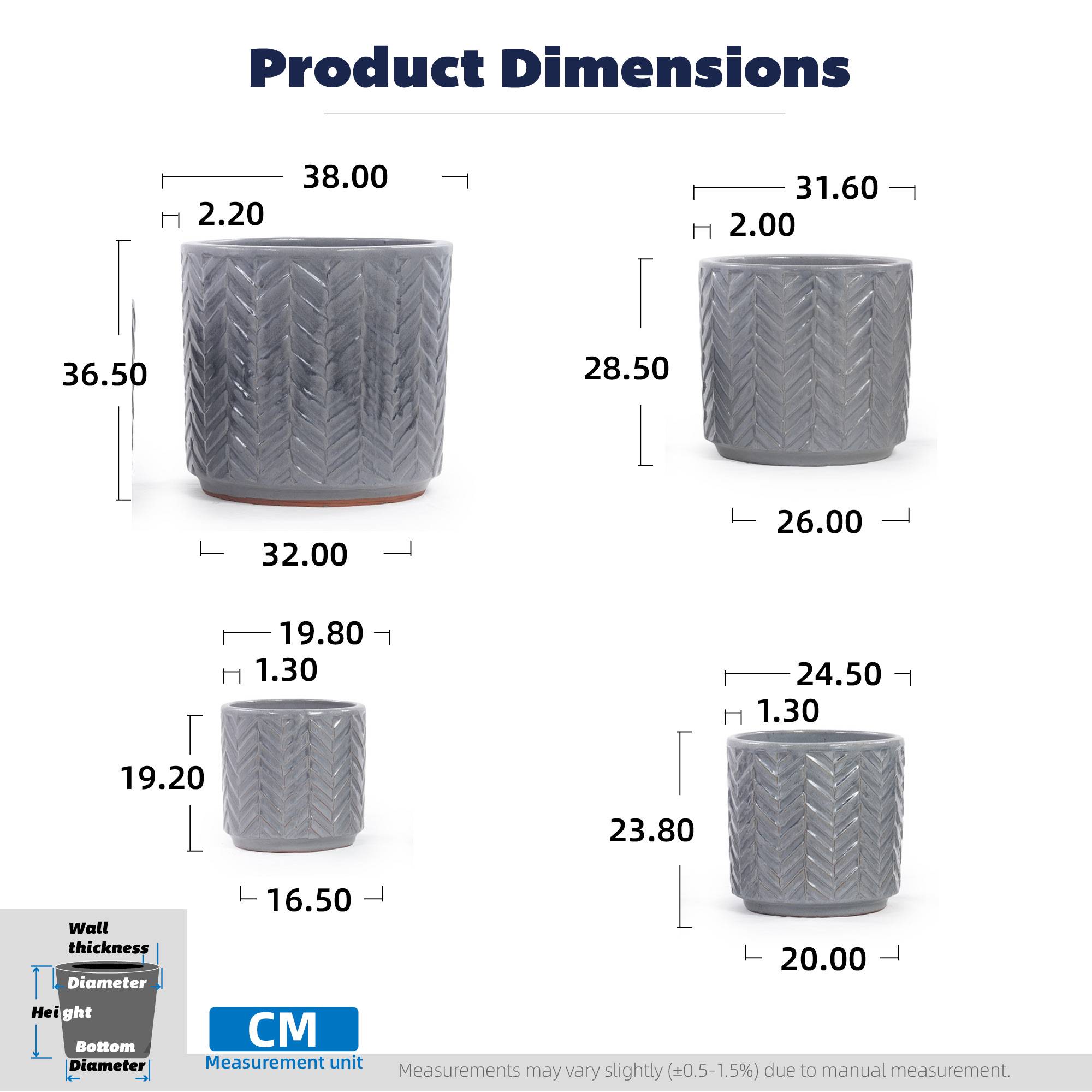 ComfortXL - Lot de 4 pots de fleurs en céramique Ø38/31,5/24,5/20 cm gris cendré intérieur extérieur avec drainage - Image 3
