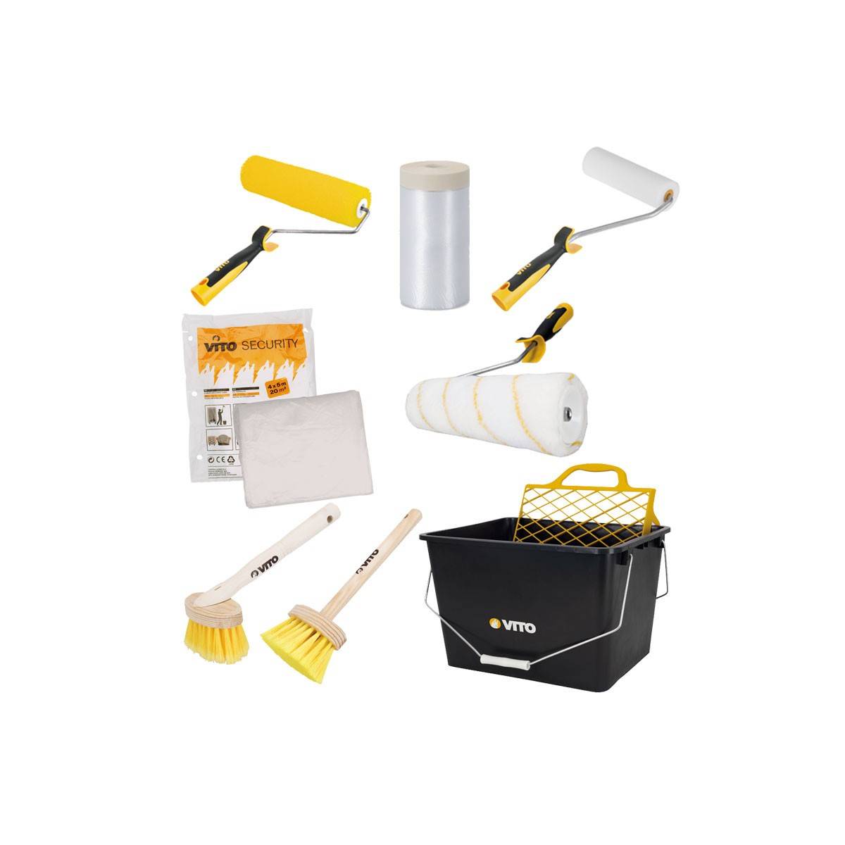 KIT 8 Outils Peinture Seau 16L. Film masquage Bâche protection 2 rouleaux Rouleau finition 2 Brosses VITO - Imagen 1