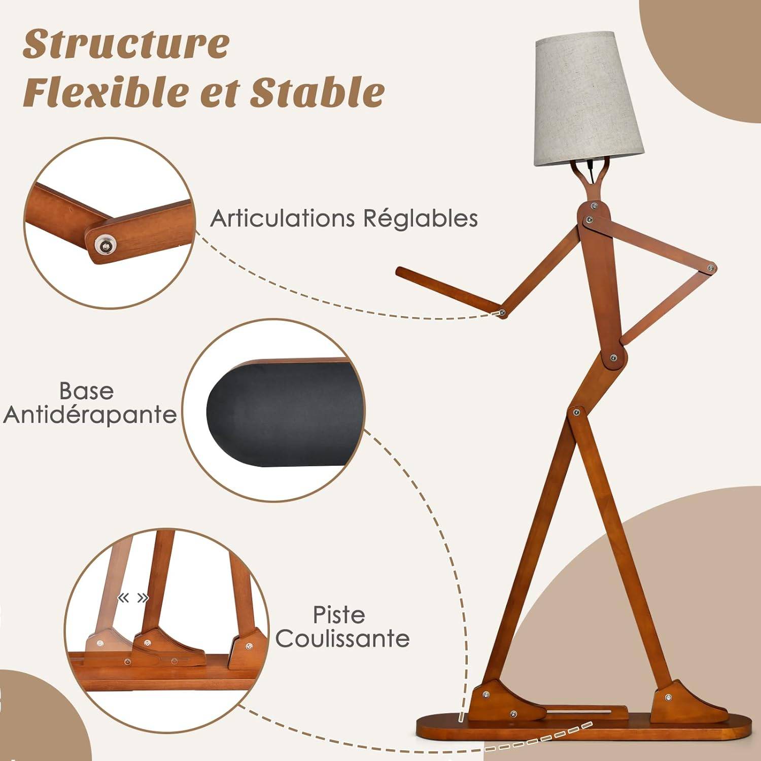 Lampadaire Bois de Caoutchouc Humanoïde Créatif, Lampadaire sur Pied Articulations Réglables, Abat-jour en Tissu Changeable et Interrupteur au Pied - Image 3