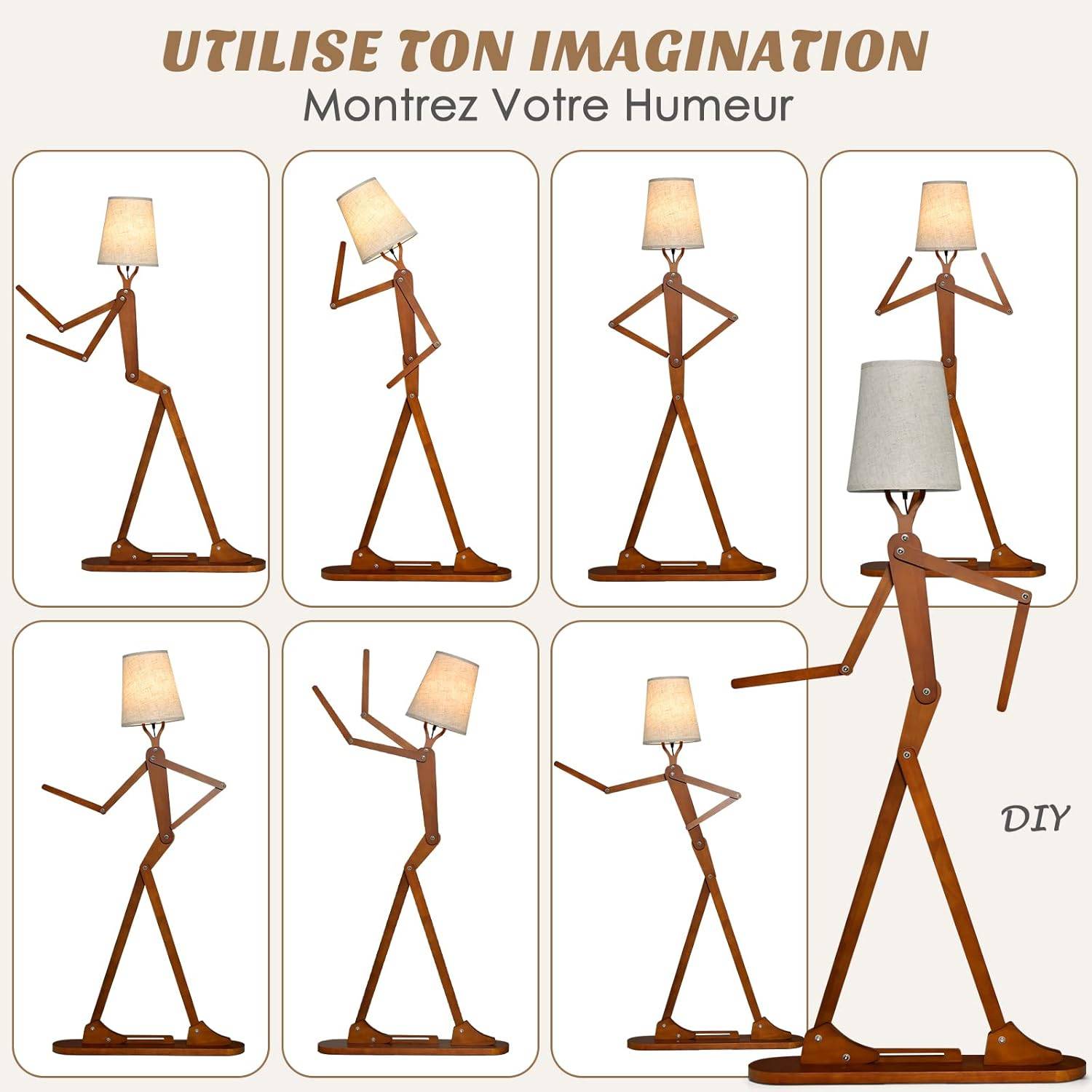 Lampadaire Bois de Caoutchouc Humanoïde Créatif, Lampadaire sur Pied Articulations Réglables, Abat-jour en Tissu Changeable et Interrupteur au Pied - Image 5