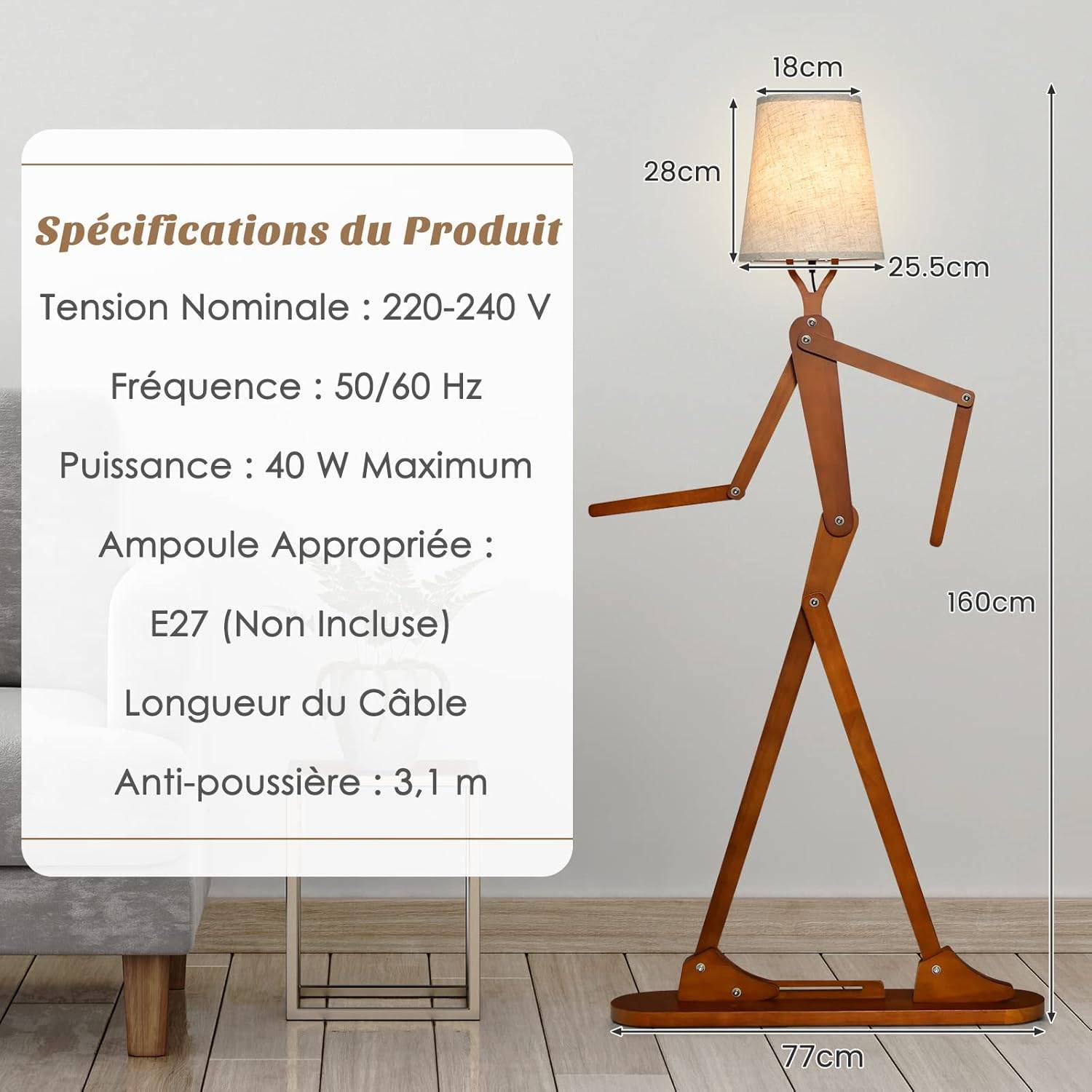 Lampadaire Bois de Caoutchouc Humanoïde Créatif, Lampadaire sur Pied Articulations Réglables, Abat-jour en Tissu Changeable et Interrupteur au Pied - Image 2