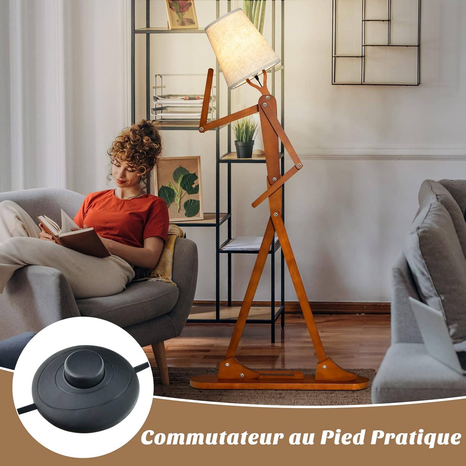 Lampadaire Bois de Caoutchouc Humanoïde Créatif, Lampadaire sur Pied Articulations Réglables, Abat-jour en Tissu Changeable et Interrupteur au Pied - Image 1