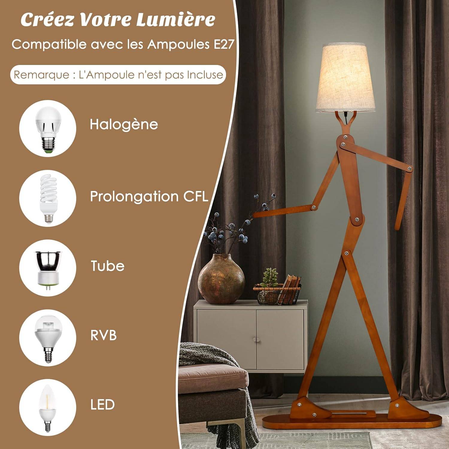 Lampadaire Bois de Caoutchouc Humanoïde Créatif, Lampadaire sur Pied Articulations Réglables, Abat-jour en Tissu Changeable et Interrupteur au Pied - Image 4
