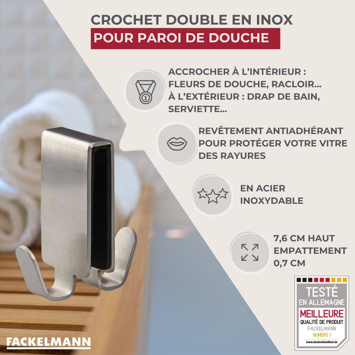 Double crochet pour paroi de douche en inox Fackelmann Tecno - Image 3