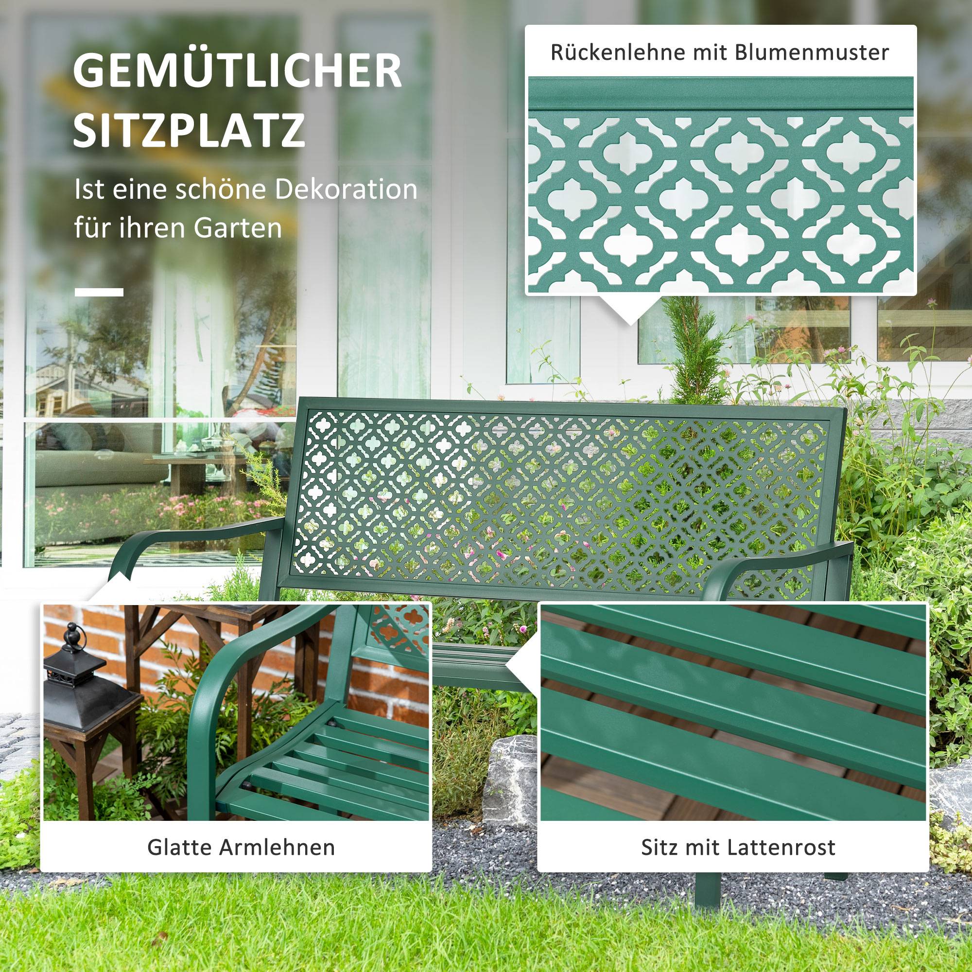 Banc de jardin en métal, 2 places, résistant aux intempéries, 127 cm x 63 cm x 83 cm, vert - Image 6