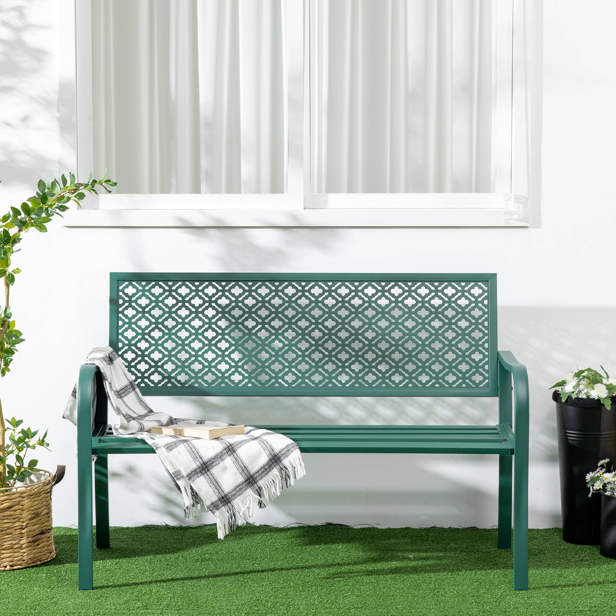 Banc de jardin en métal, 2 places, résistant aux intempéries, 127 cm x 63 cm x 83 cm, vert - Image 8