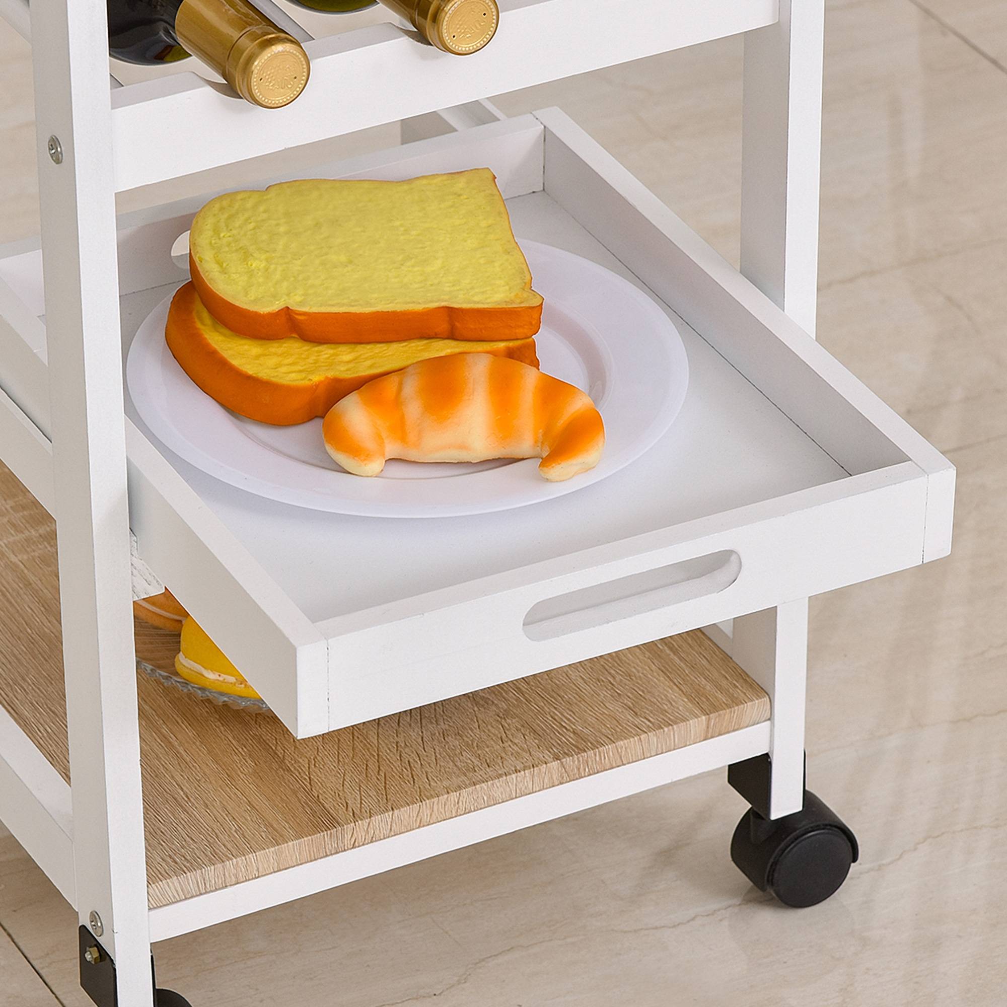 Chariot de service desserte de cuisine à roulettes 2 étagères + plateau amovible + tiroir bois de pin blanc chêne clair - Image 10