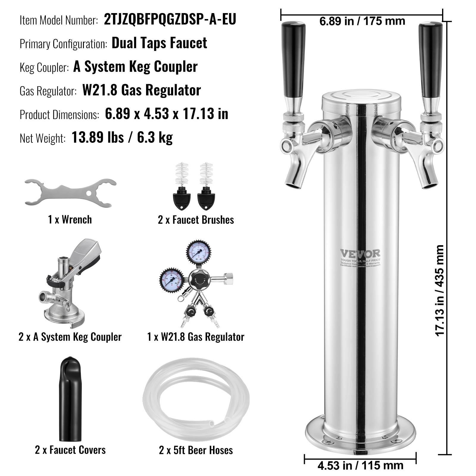 VEVOR Kit colonne bière 2 robinets, inox, régulateur double jauge. Coupleur système A, bar. - Image 7